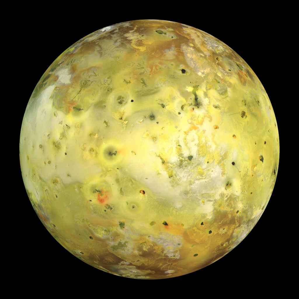 Ione, a pale yellow moon spotted with black marks.